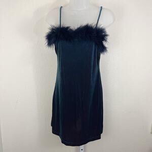 Alias Vintage 90s Feather Trim Iridescent Velvet Mini Dress Womens M Medium